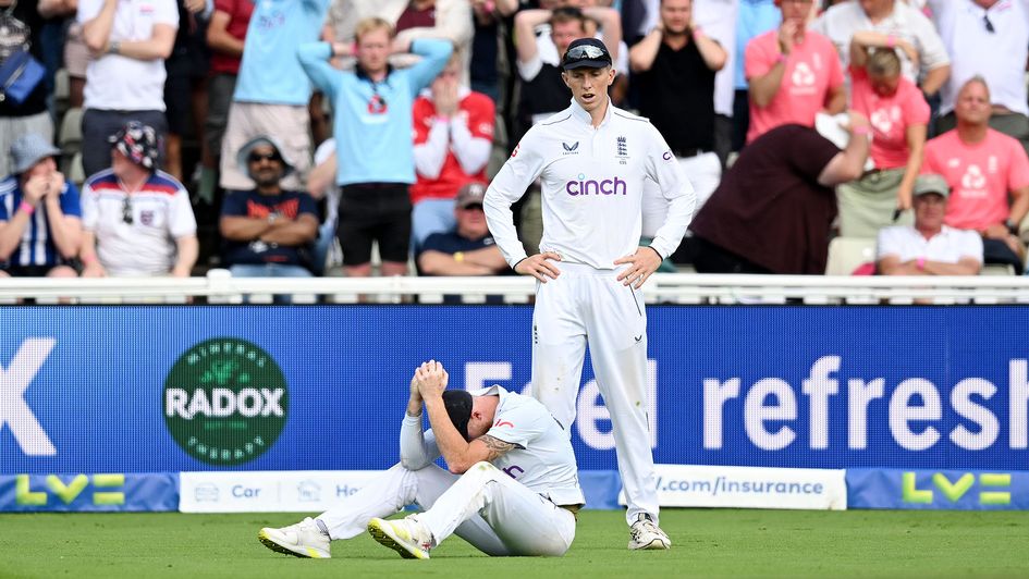 Ben Stokes shows his disappointment after dropping a catch