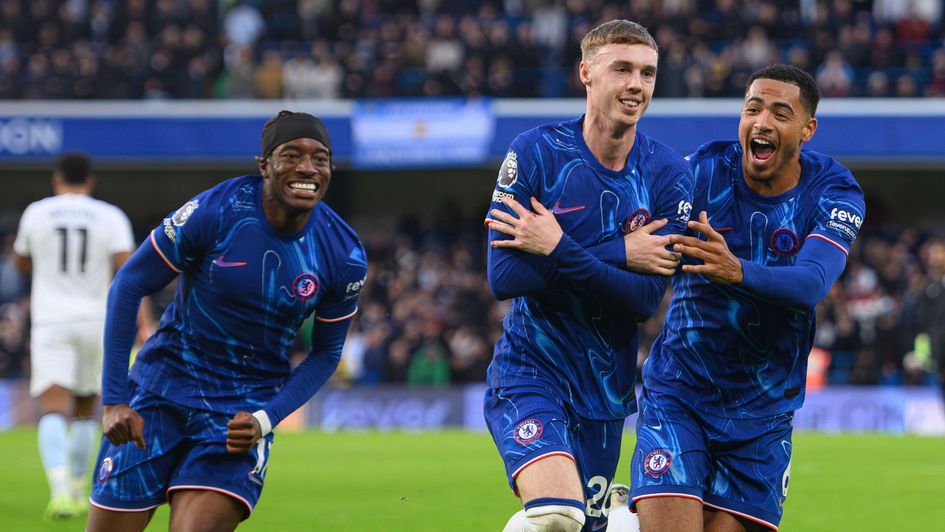 Cole Palmer celebrates his goal against Aston Villa