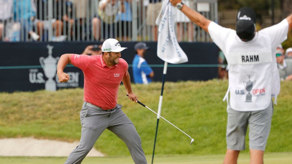 Jon Rahm celebrates after a sensational finish to the US Open