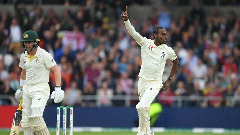 Jofra Archer celebrates his early wicket