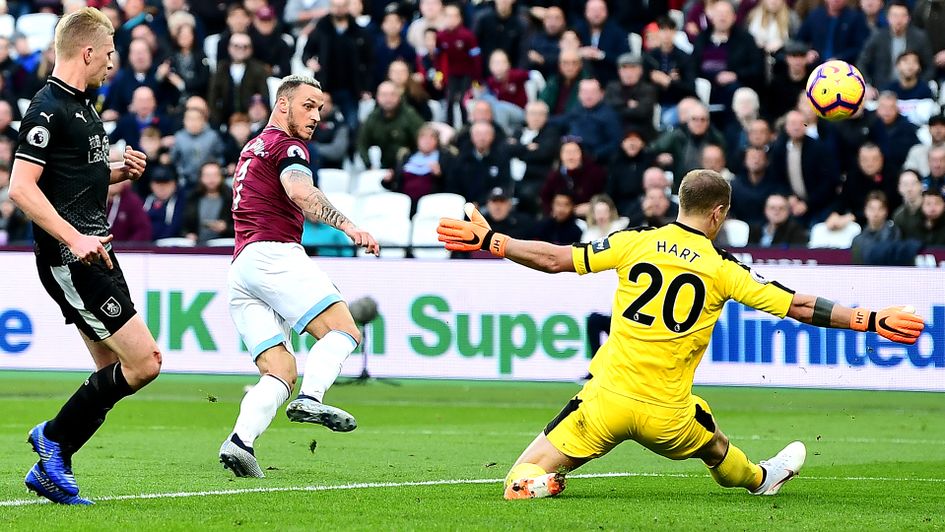 Joe Hart saves a Marko Arnautovic effort on goal