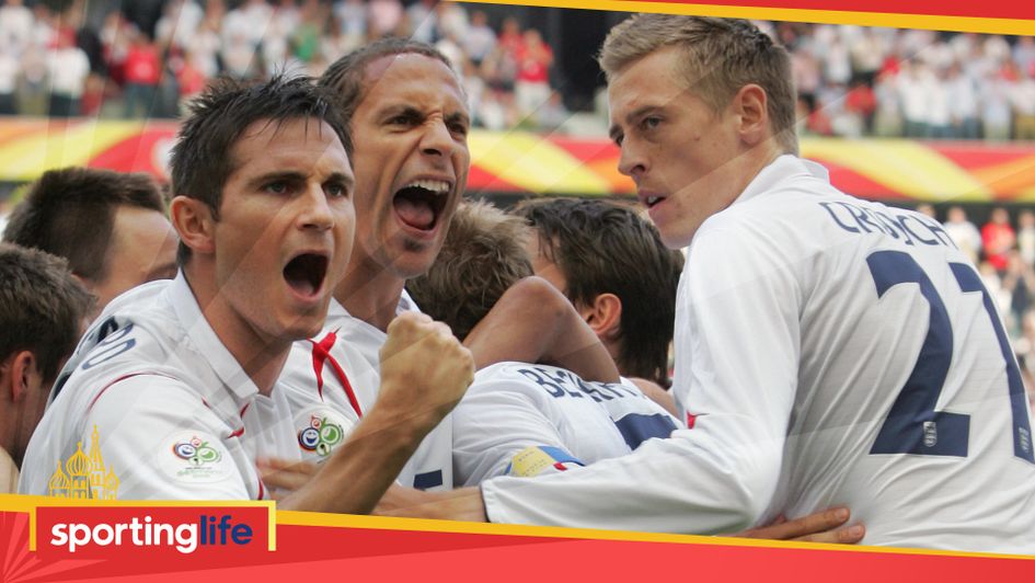 Frank Lampard, Rio Ferdinand and Peter Crouch celebrate England's goal v Paraguay in their 2006 World Cup opener