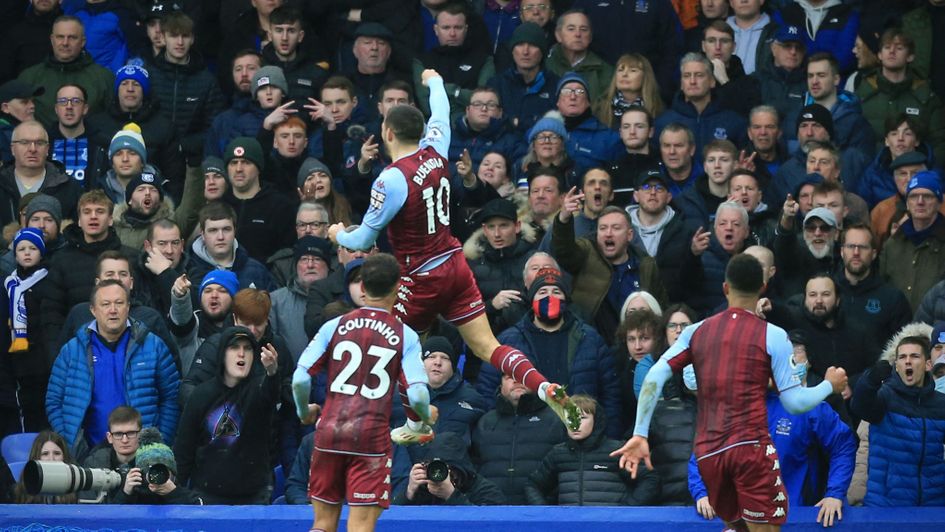 Emiliano Buendia celebrates hos winning goal against Everton