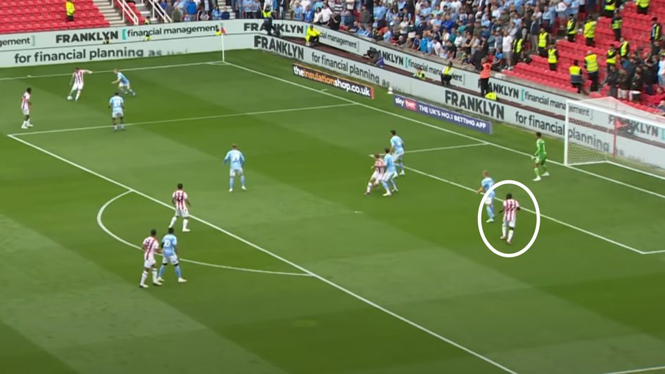 Stoke right-back Junior Tchamadeu saw a header hit the post from open play