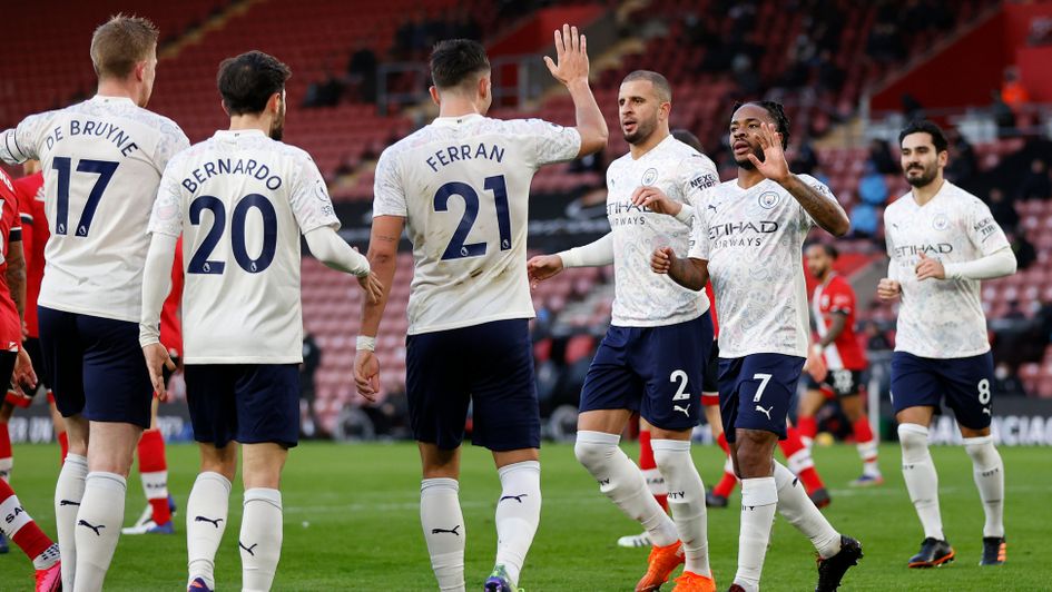 Manchester City celebrate Raheem Sterling's goal