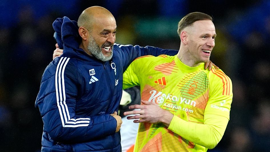 Nottingham Forest manager Nuno Espirito Santo greets goalkeeper Matz Sels following the Premier League match at Goodison Park