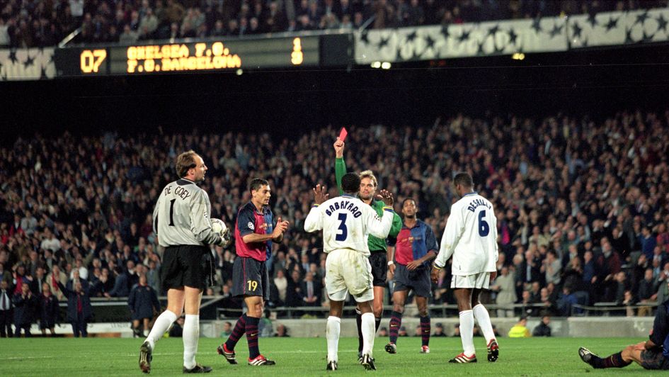 Celestine Babayaro is sent off for Chelsea against Barcelona