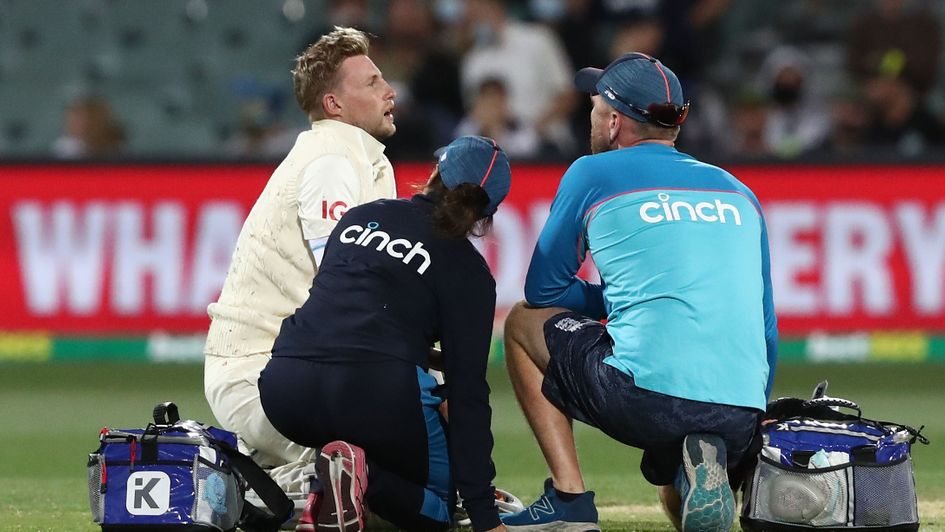 England's Joe Root after being struck during day four of the second Ashes test at the Adelaide Oval