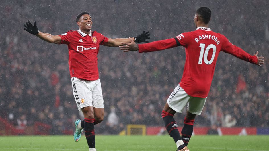 Anthony Martial and Marcus Rashford celebrate at Old Trafford