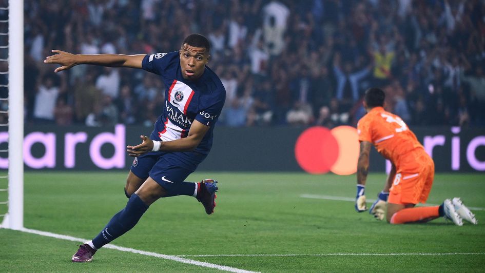 Kylian Mbappe celebrates a goal against Juventus