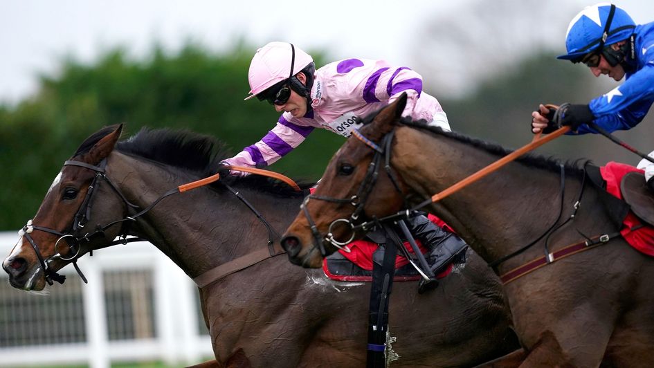 Stay Away Fay (pink jacket) stayed on strongly up the Sandown hill