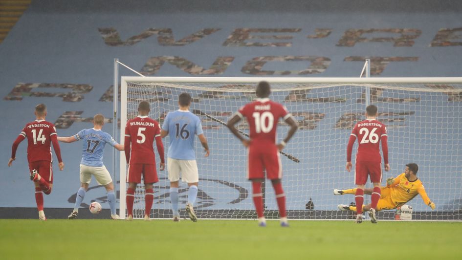 Manchester City's Kevin De Bruyne drags his penalty wide against Liverpool