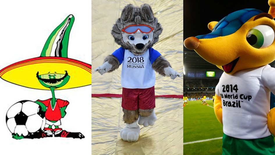 Mascot Zabivaka the wolf (c) follows in the footsteps of Pique (l, 1986) and Fuleco (r, 2014)