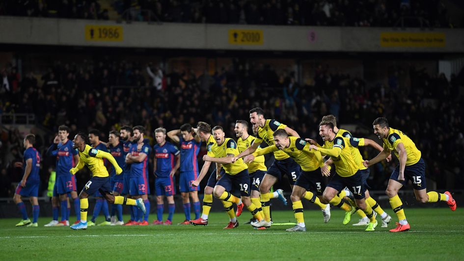 Celebrations for Oxford after beating Sunderland on penalties in the Carabao Cup last 16