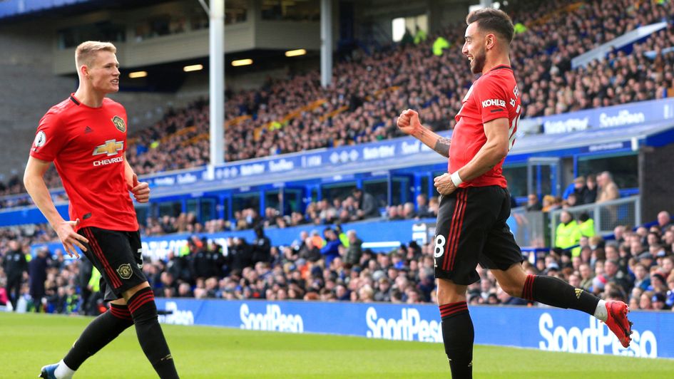 Bruno Fernandes celebrates his equaliser at Everton