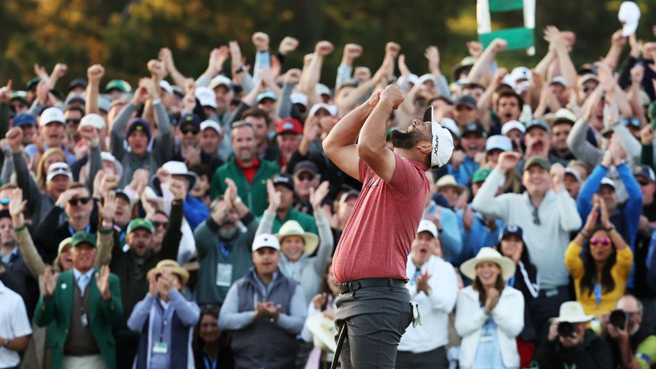 Jon Rahm celebrates winning the Masters