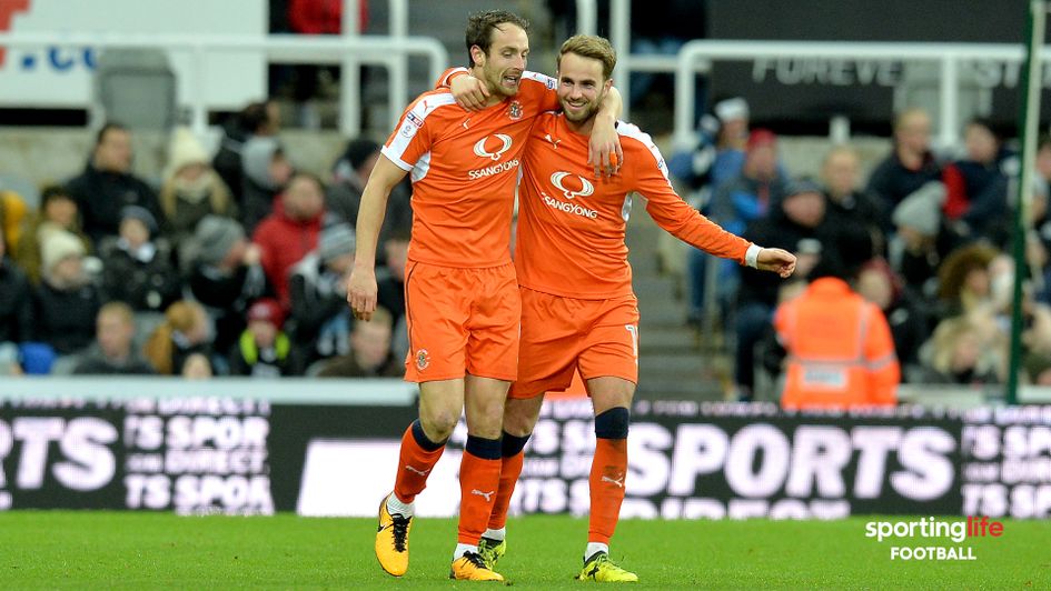 Danny Hylton (left) celebrates scoring for Luton against Newcastle