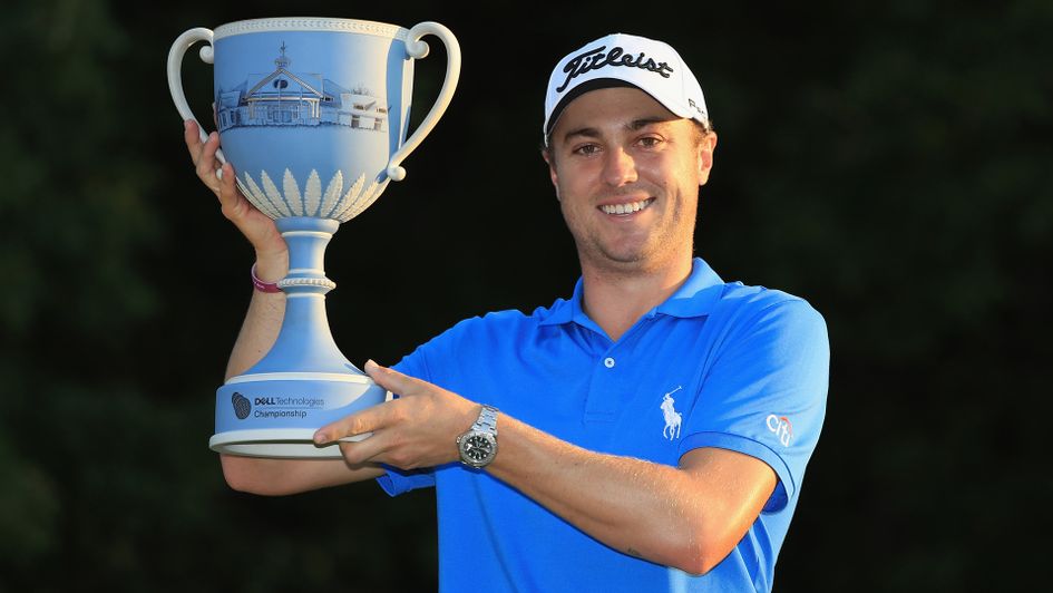 Justin Thomas with the Dell Technologies Championship trophy