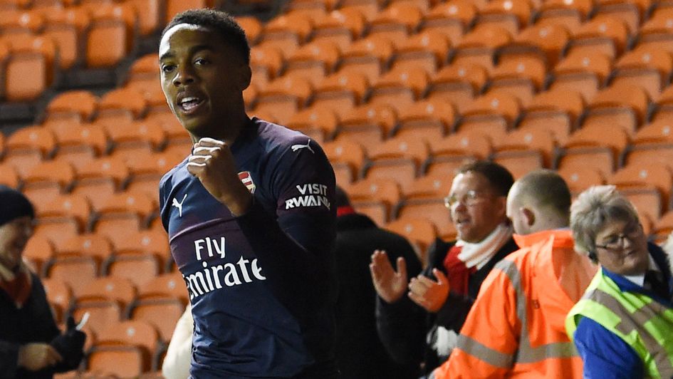 Joe Willock celebrates his goal for Arsenal at Blackpool in the FA Cup
