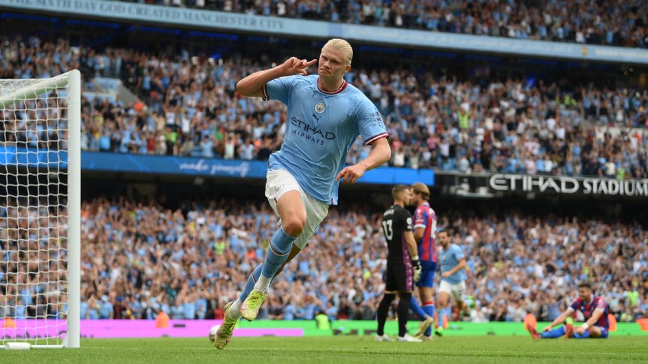 Erling Haaland celebrates a goal for Manchester City