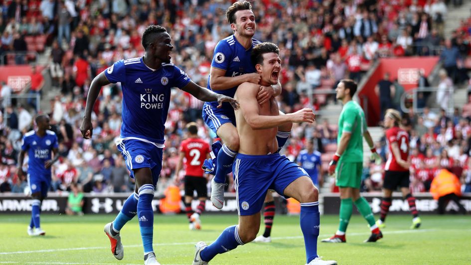 Harry Maguire celebrates his winner for Leicester at Southampton