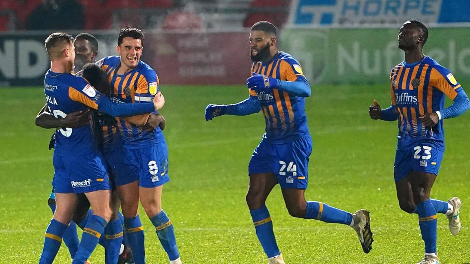 Shrewsbury celebrate Aaron Pierre's goal