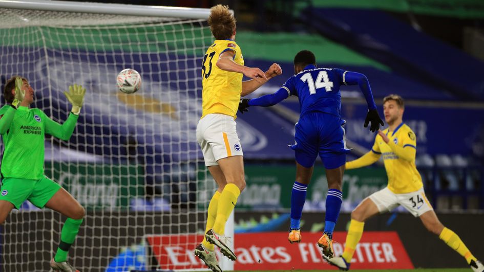 Kelechi Iheanacho heads in the winner for Leicester against Brighton in the FA Cup