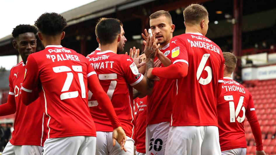 Barnsley celebrate Michal Helik's goal against Bristol City