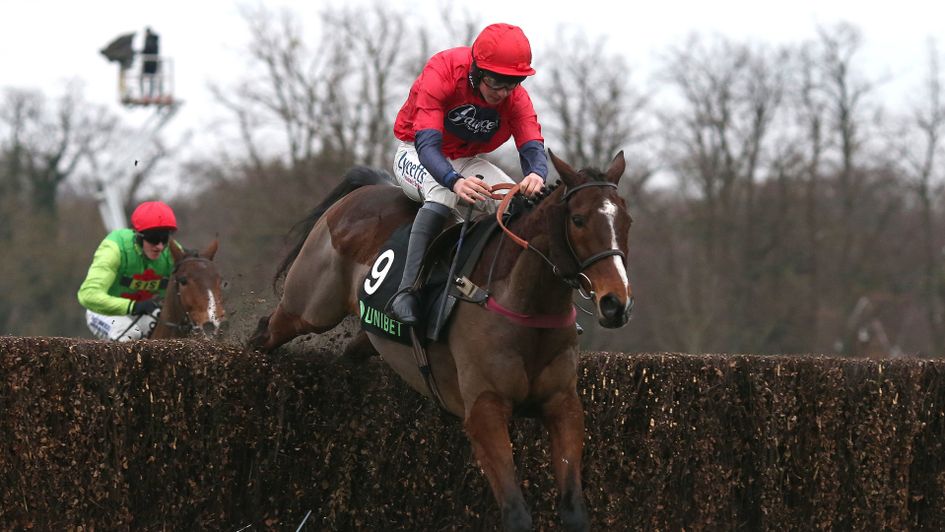 Houblon Des Obeaux jumps the last at Sandown