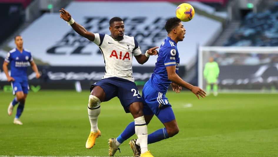 Tottenham's Serge Aurier fouls Leicester's Wesley Fofana to concede a penalty