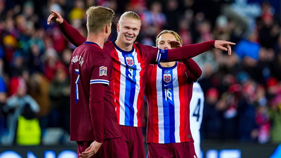 Erling Haaland celebrates netting record breaking goal for Norway