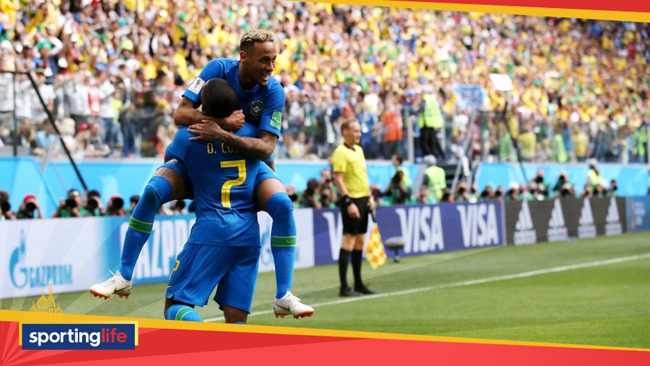 Neymar celebrates his goal v Costa Rica with Brazil team-mate Douglas Costa