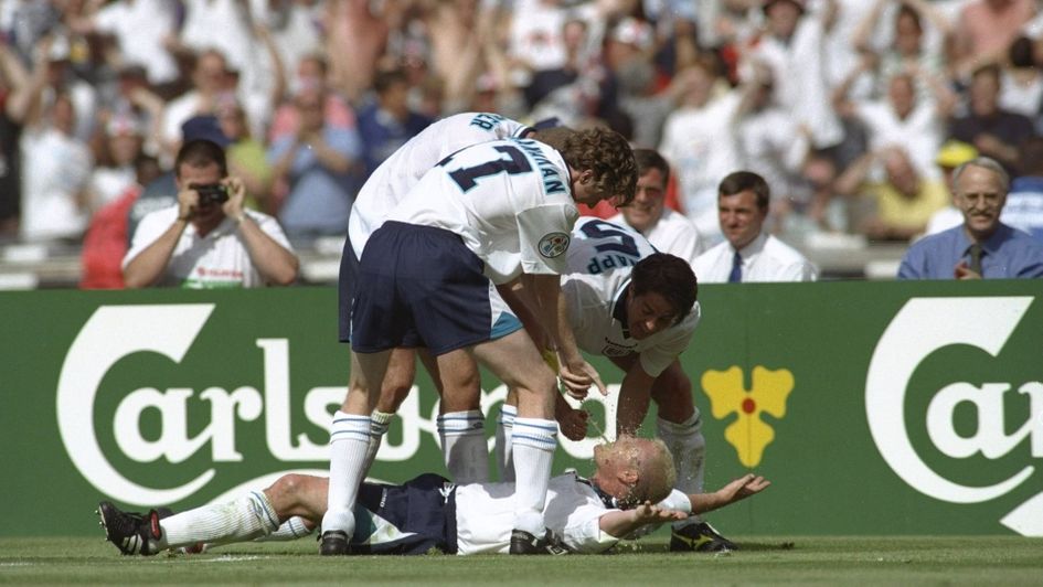 Paul Gascoigne celebrating after scoring one of England's greatest goals