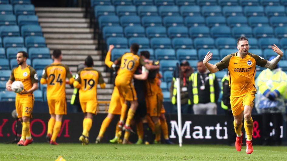 Brighton celebrate Solly March's goal against Millwall