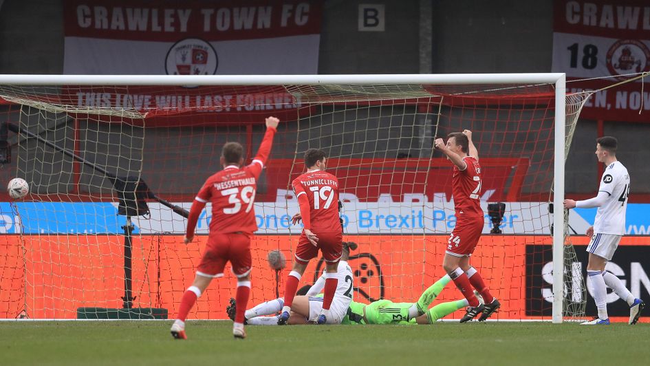 Crawley celebrate Jordan Tunnicliffe's goal against Leeds