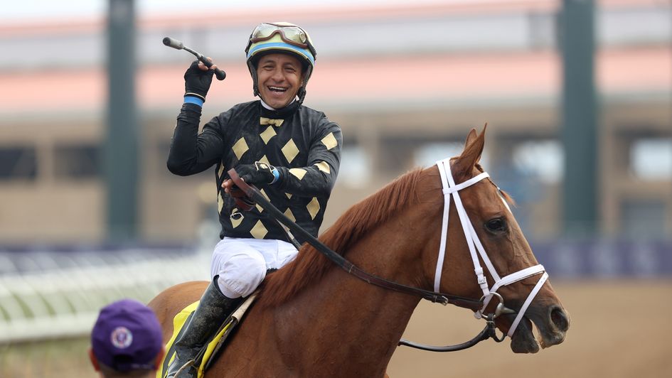 Victor Espinoza celebrates on Ce Ce at the Breeders' Cup