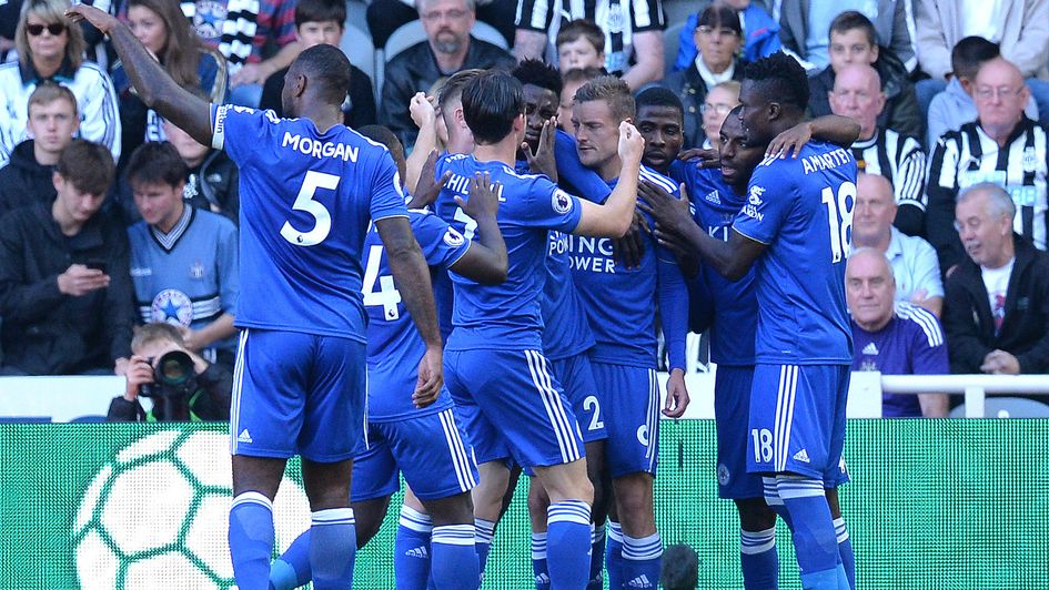 Leicester celebrate Jamie Vardy's penalty at Newcastle