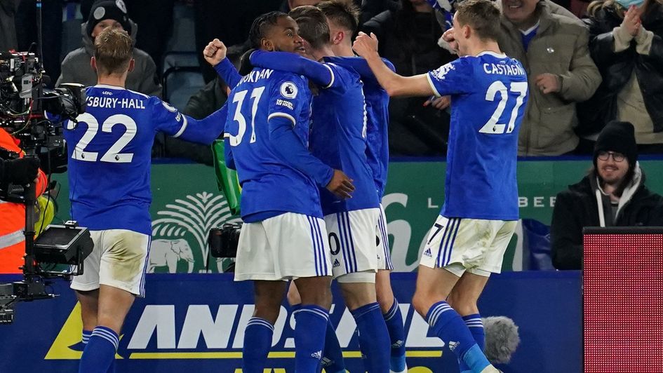 Leicester celebrate after Ademola Lookman's goal against Liverpool