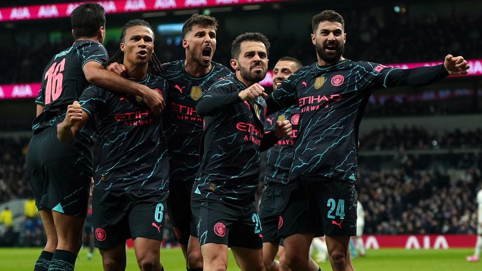 Manchester City celebrate their winner against Tottenham in the FA Cup