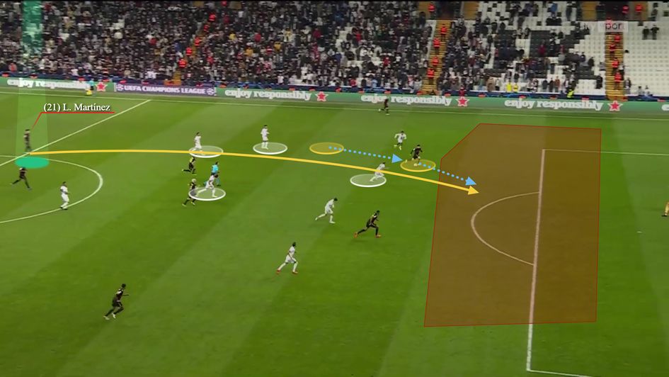 Wicked through ball in behind as he takes out a host of defenders to set up a chance