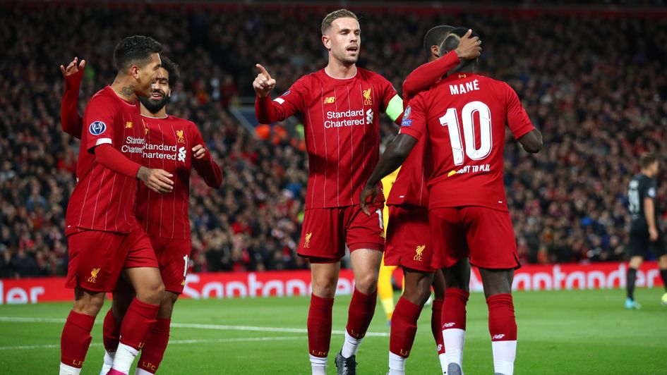 Liverpool celebrate Sadio Mane's goal against RB Salzburg in the Champions League