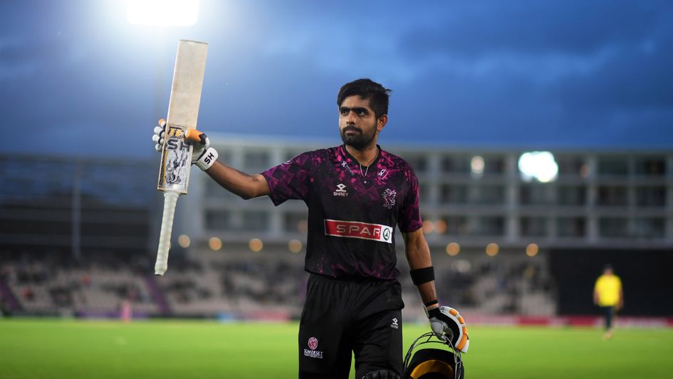 Babar Azam acknowledges fans after hitting a maiden T20 Blast century for Somerset