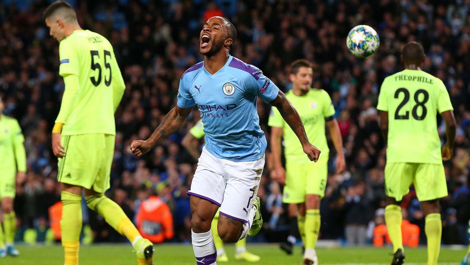 Raheem Sterling celebrates scoring for Manchester City against Dinamo Zagreb in the Champions League