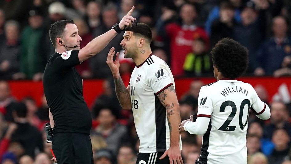 Aleksandar Mitrovic is sent off against Manchester United