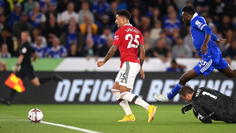 Jadon Sancho scores against Leicester