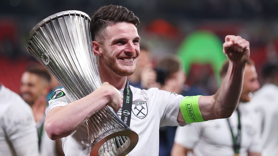 Declan Rice with the Europa Conference League trophy