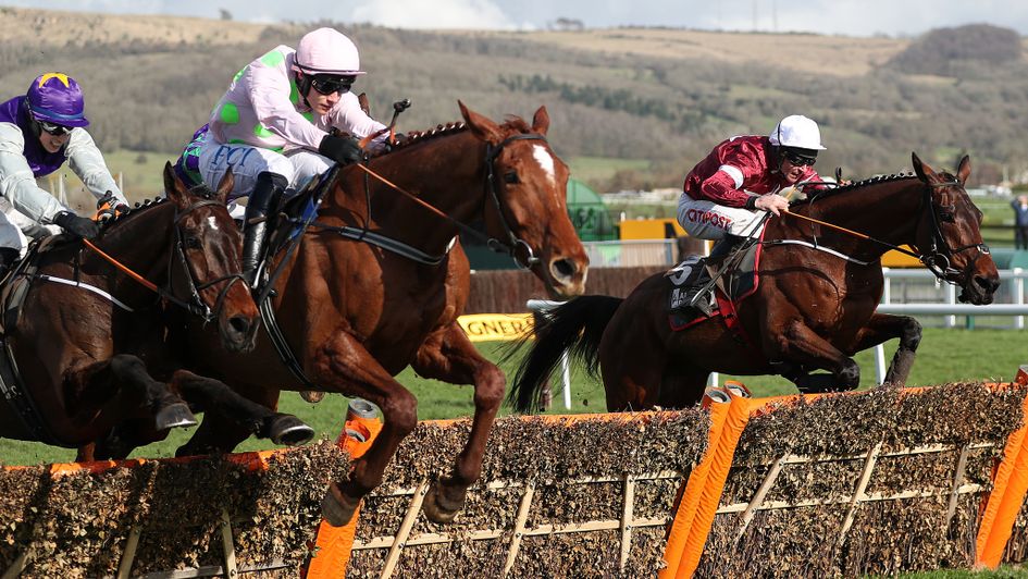 Monkfish (centre) leads over the last in the Albert Bartlett