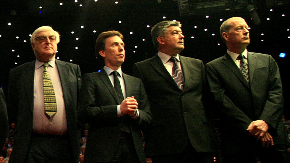 Clive Everton pictured alongside Ken Doherty, John Parrot and Steve Davis