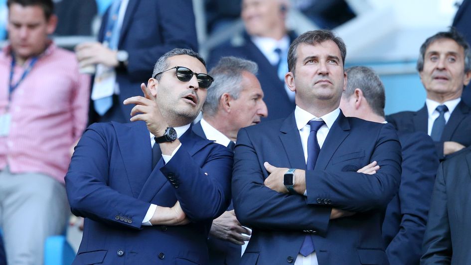 Man City chief executive Ferran Soriano (R) with club owner Khaldoon Al Mubarak (L)