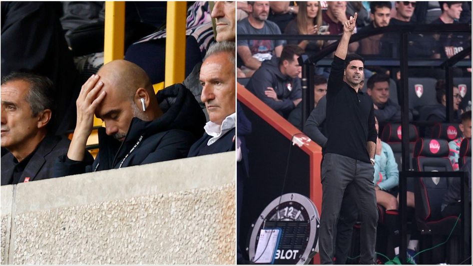 Pep Guardiola watches his side lose from the stands at Wolves as Mikel Arteta oversees a 4-0 win at Bournemouth